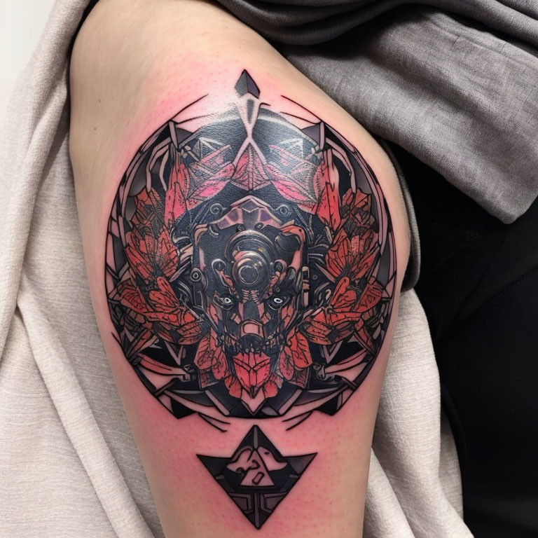 Symmetrical Eye and Leaf Geometric Tattoo on Thigh