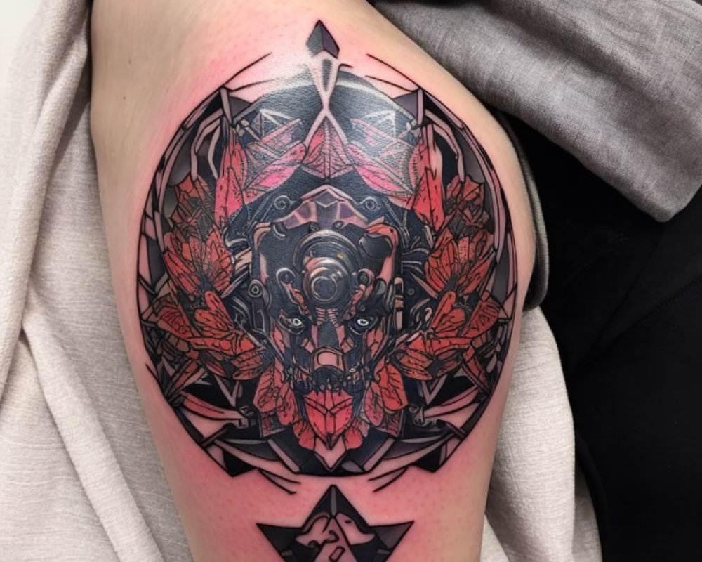 Symmetrical Eye and Leaf Geometric Tattoo on Thigh