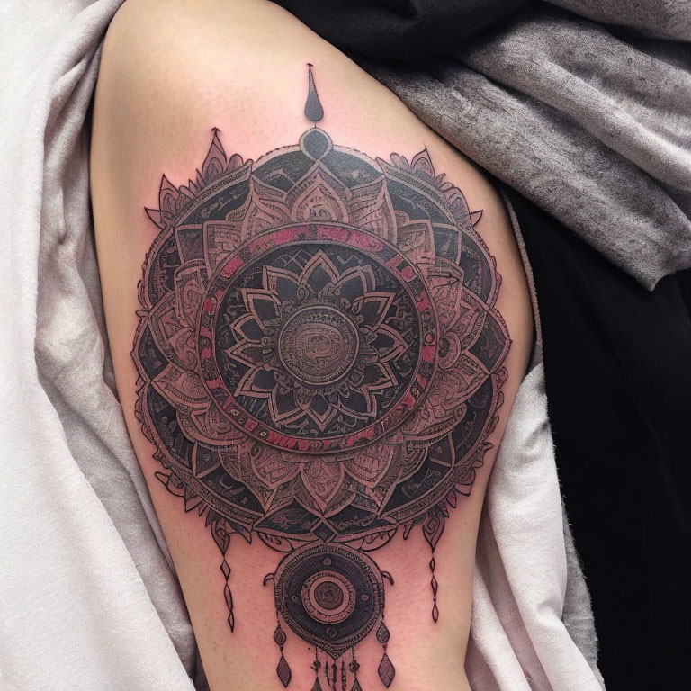 Detailed Black Mandala Tattoo on Upper Arm with Intricate Patterns and Dangling Designs