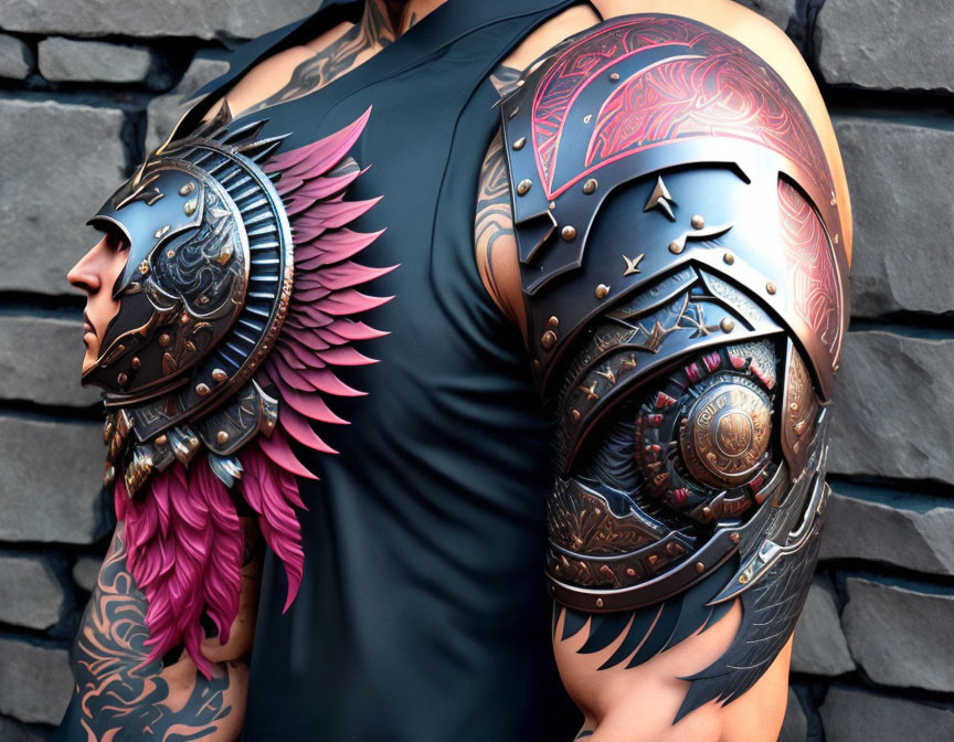 Elaborate shoulder armor with face design and pink feathers on stone background