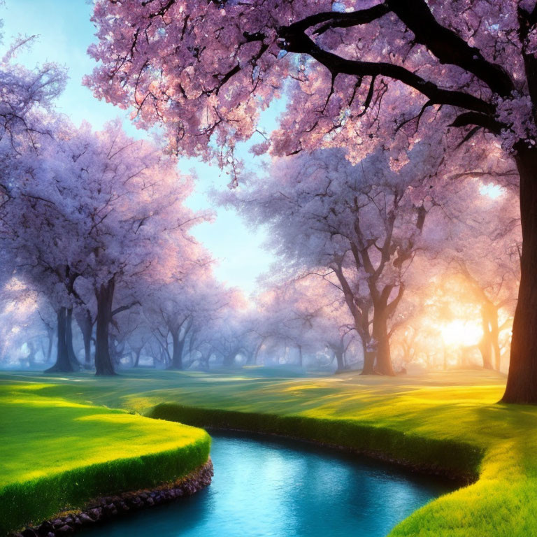 Tranquil park scene: Sunrise, cherry trees, blue stream, green grass