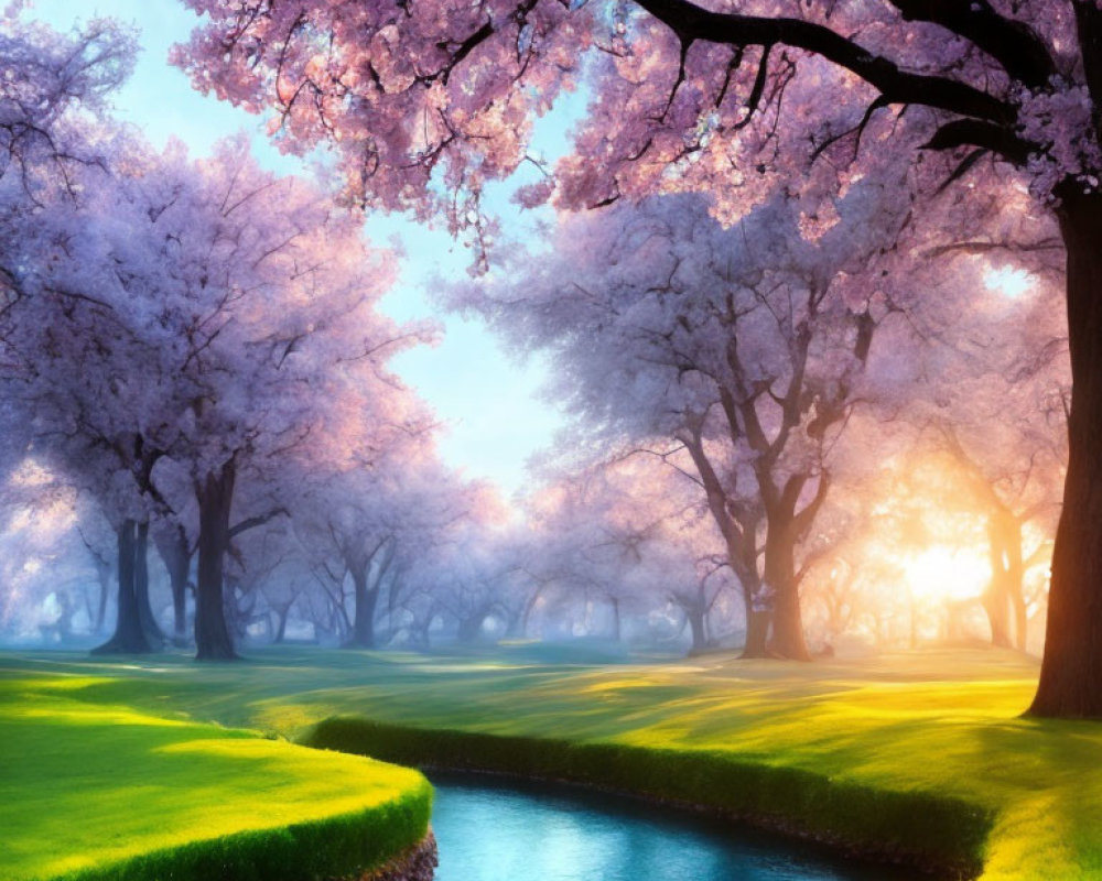 Tranquil park scene: Sunrise, cherry trees, blue stream, green grass