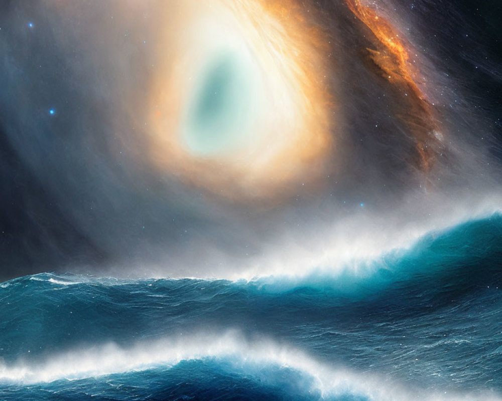 Cosmic event with black hole, accretion disk, and ocean waves