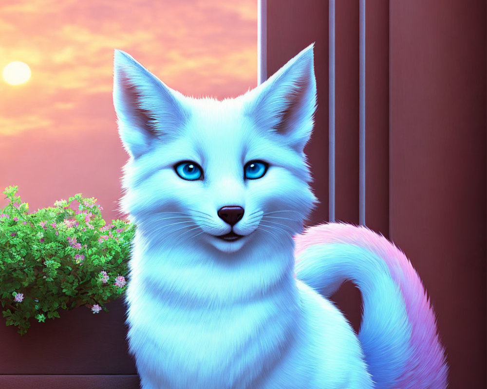 Realistic blue-eyed white feline in sunset backdrop with green shrubbery