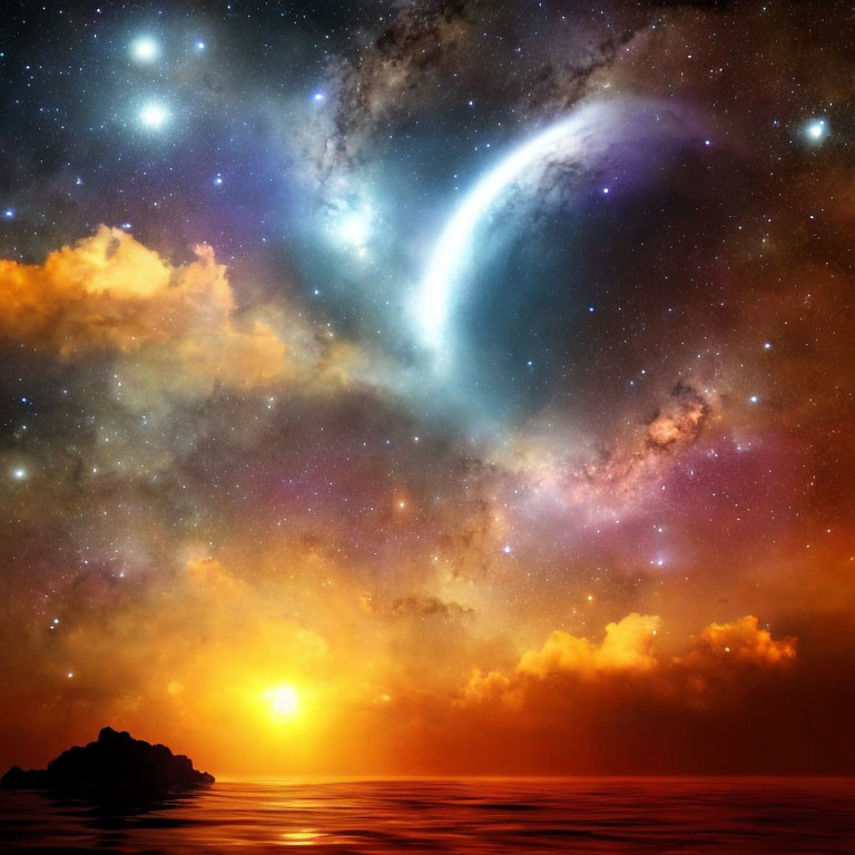 Cosmic galaxy, stars, and nebula over ocean at sunset