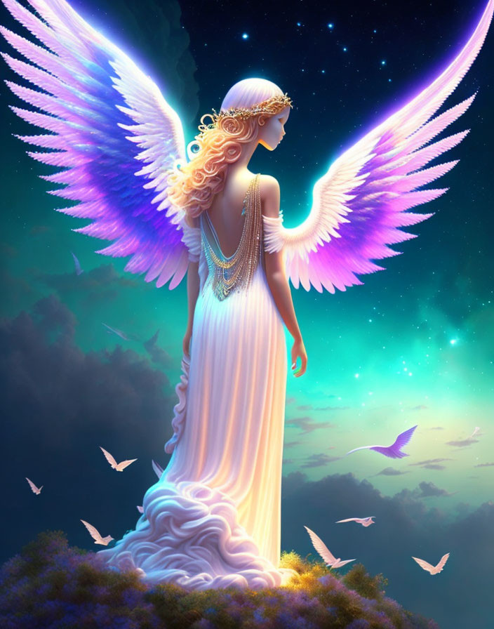 Luminous angel with outstretched wings in starry night scene