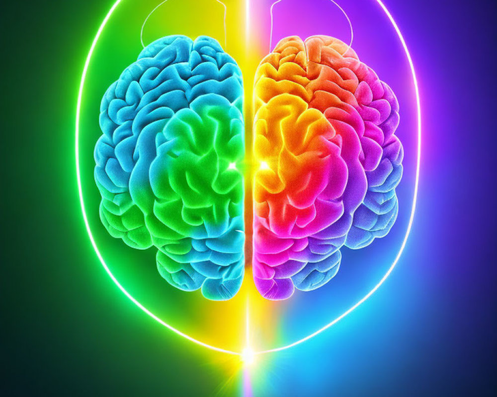 Colorful Human Brain Illustration with Neon Halves