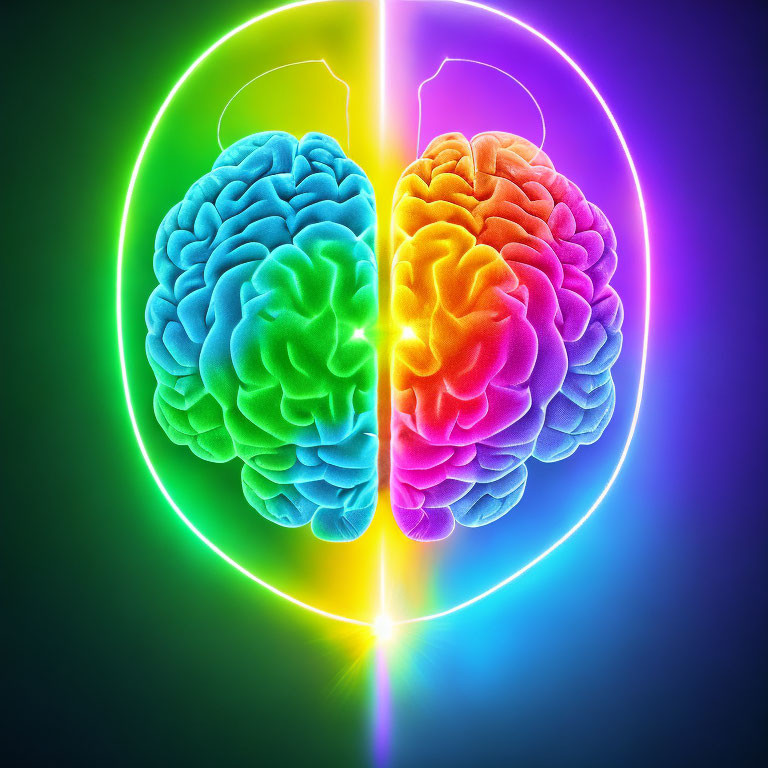 Colorful Human Brain Illustration with Neon Halves