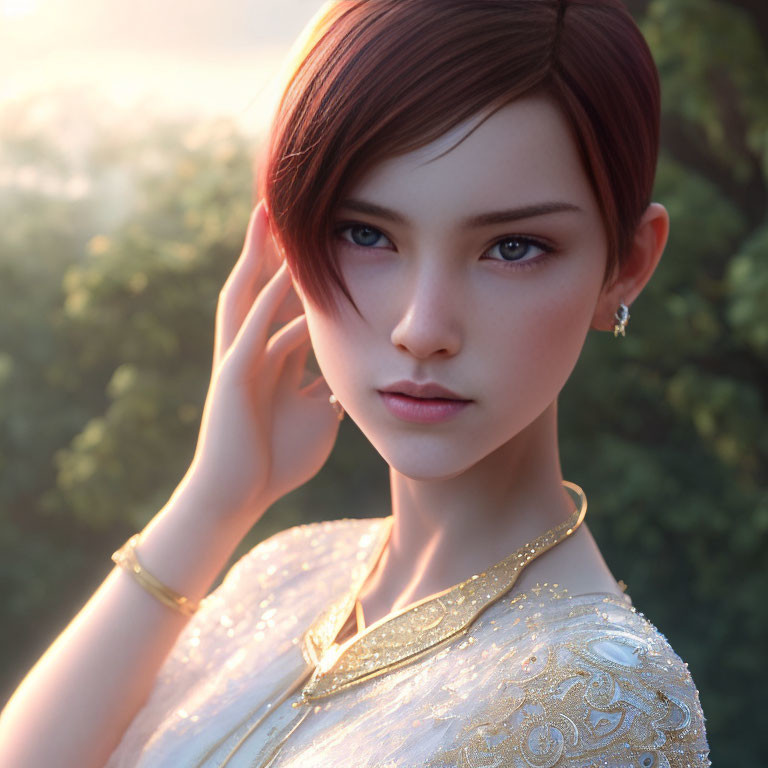 Portrait of woman with short brown hair in white dress with gold embroidery, touching ear in sunlit scene