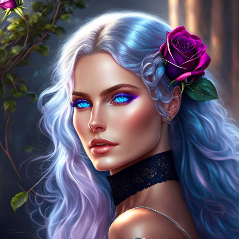 Digital illustration of woman with blue hair and vibrant blue eyes with purple rose behind ear