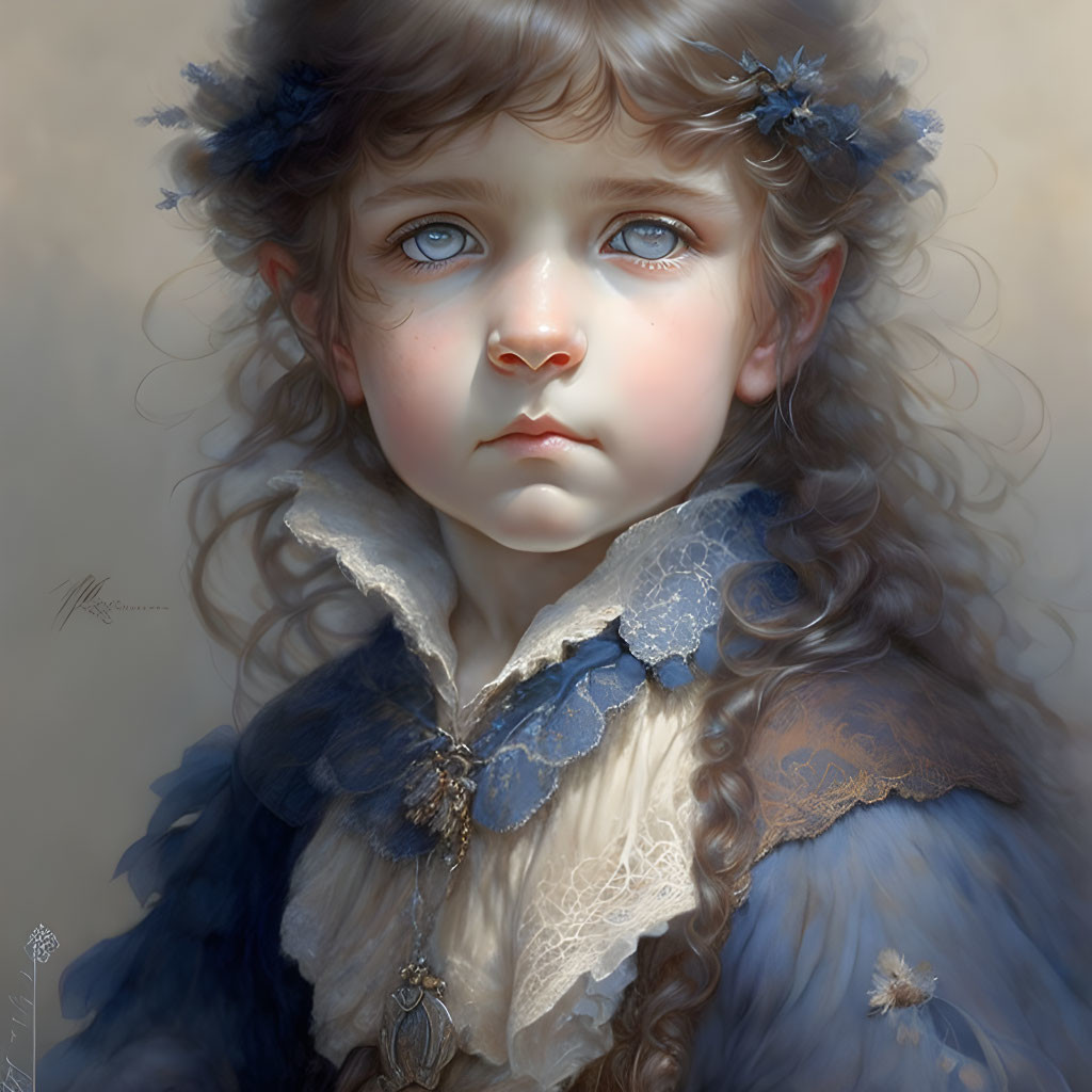 Portrait of young girl with blue eyes, adorned with blue flowers, in vintage dress