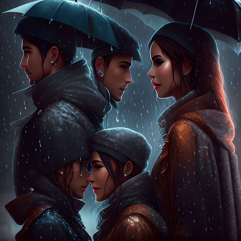 Two couples under umbrellas in the rain with pensive expressions