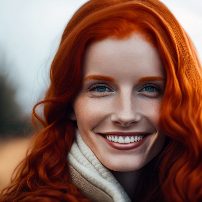 Smiling woman with red hair and blue eyes in cream scarf on blurred background