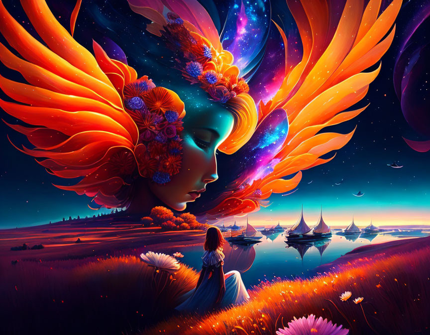 Colorful digital artwork: Woman with fiery floral hair in surreal starry landscape