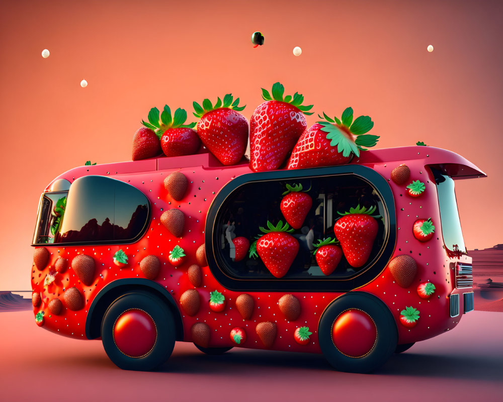 Whimsical strawberry-themed bus with large strawberries on roof and smaller ones on red surface, against pink