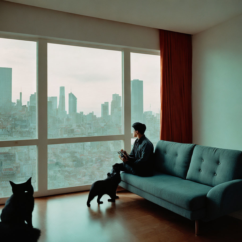 Person sitting on blue couch with city view, holding mug, black cat, and dog.