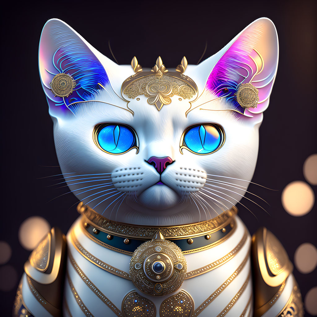 Majestic cat with blue eyes in golden armor on bokeh background