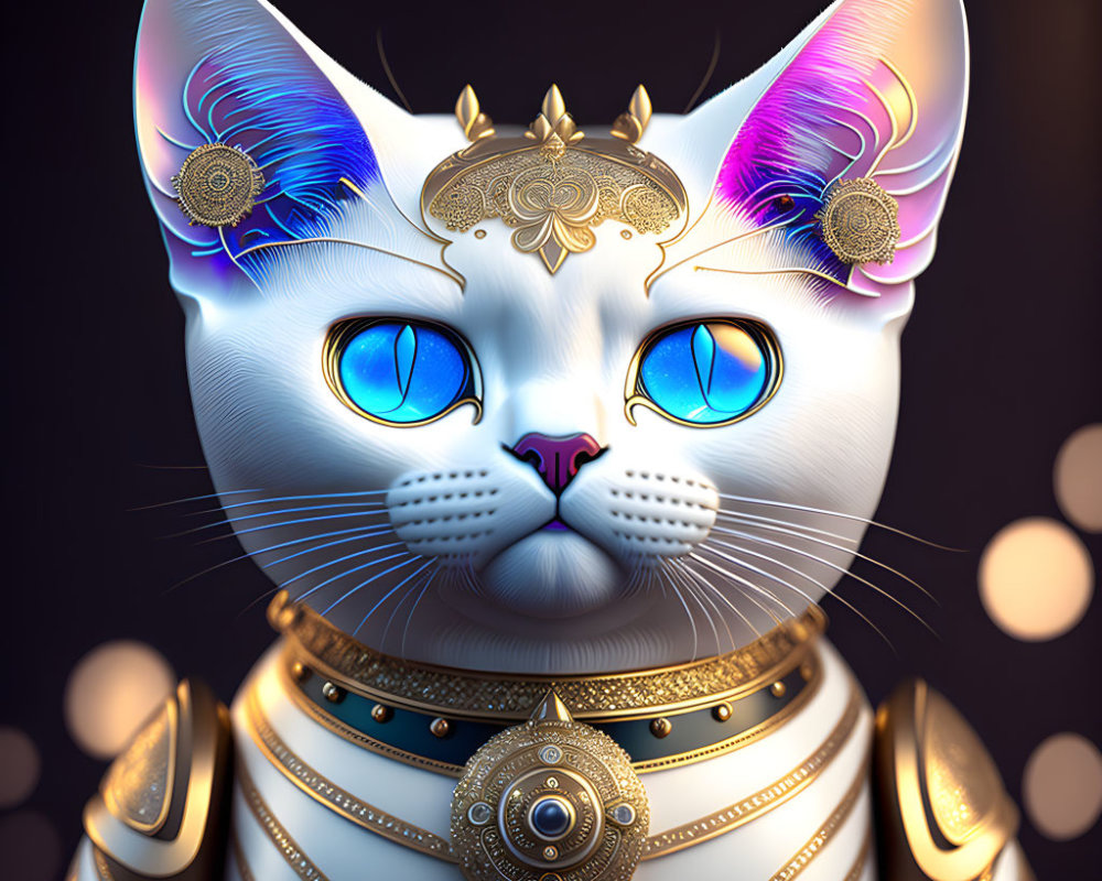 Majestic cat with blue eyes in golden armor on bokeh background