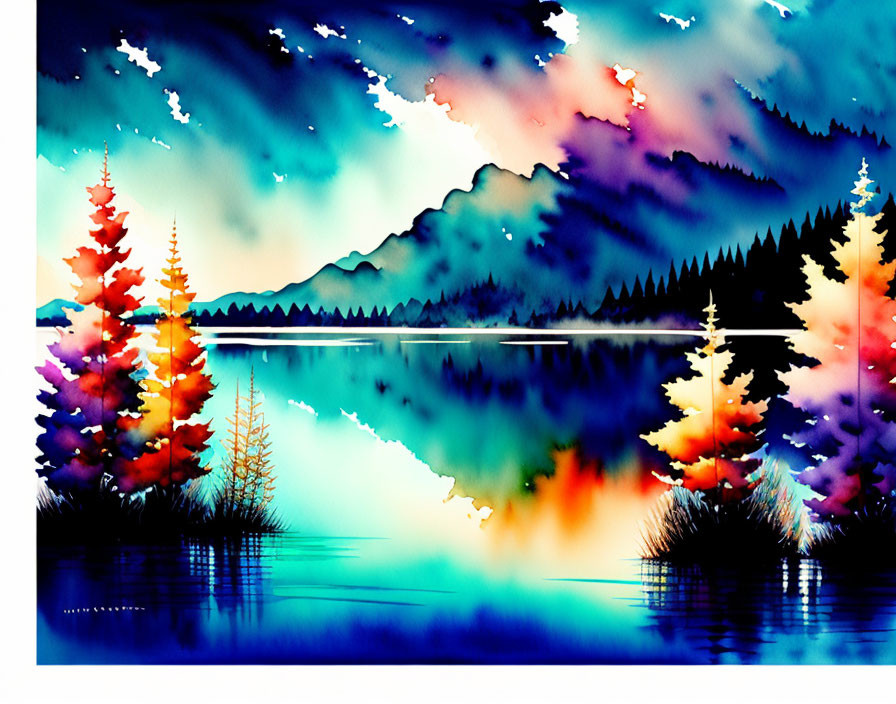 Colorful Watercolor Painting of Serene Lake Scene with Trees and Mountains