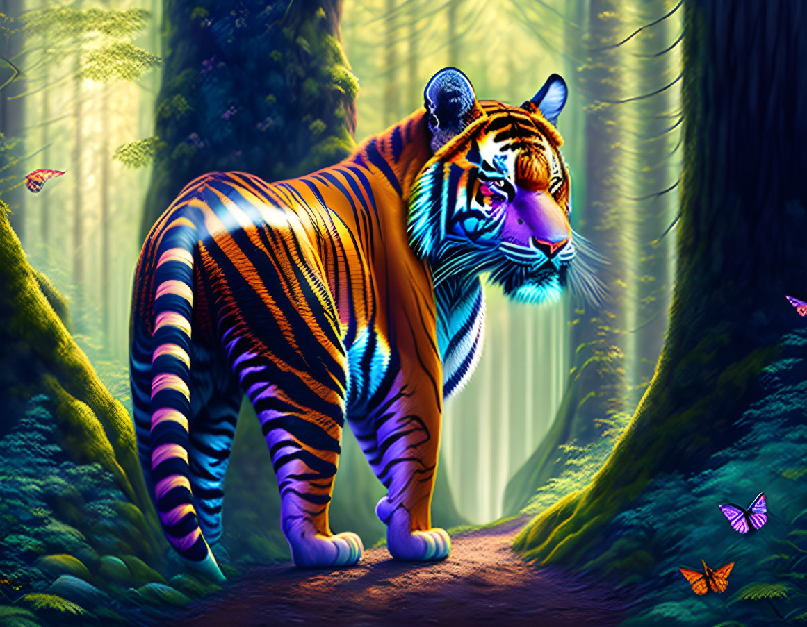 Digital art: Tiger with electric blue stripes in mystical forest with butterflies and sunbeams