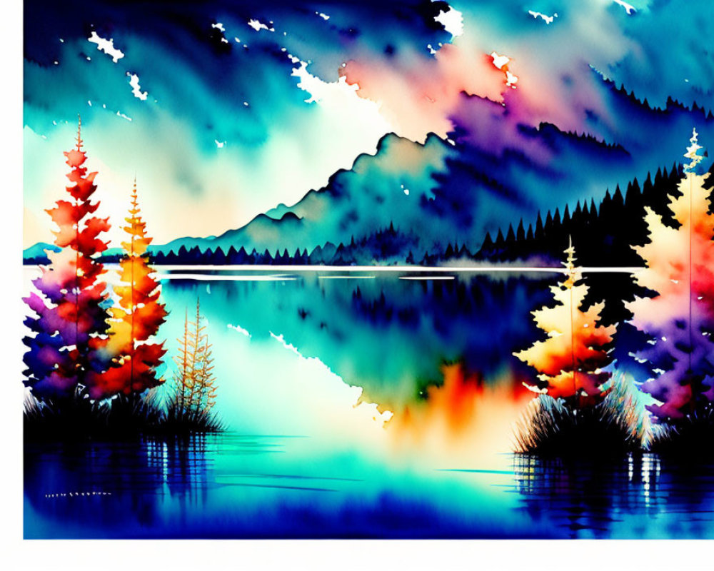 Colorful Watercolor Painting of Serene Lake Scene with Trees and Mountains