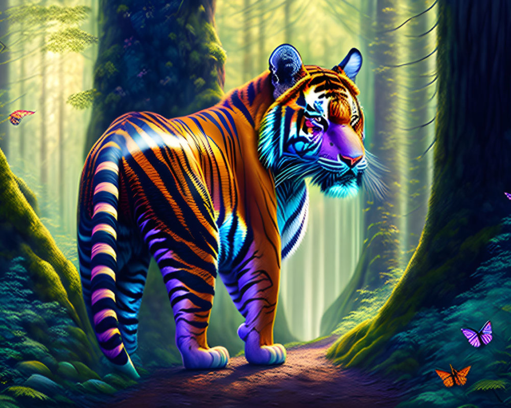 Digital art: Tiger with electric blue stripes in mystical forest with butterflies and sunbeams