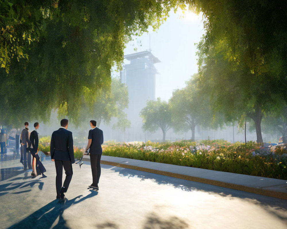 Sunlight filtering through green trees onto people walking in urban park