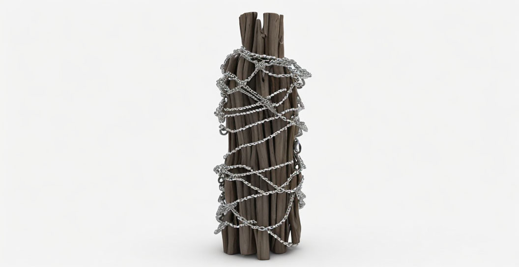 Vertical Wooden Logs Bundled with Loose Chains on White Background