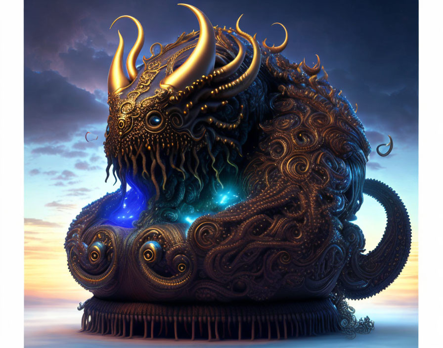 Fantastical creature with tentacles, glowing blue eyes, and ornate horns at twilight