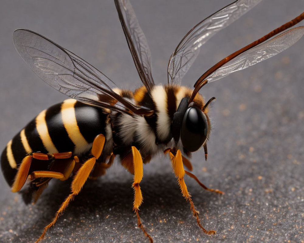 Striped insect with black and yellow patterns and translucent wings on gray surface