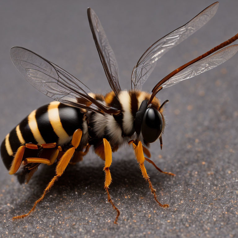 Striped insect with black and yellow patterns and translucent wings on gray surface