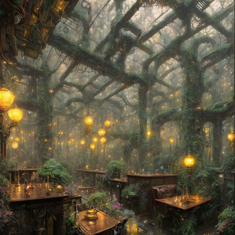 Twinkling lights and lush greenery in enchanted forest cafe