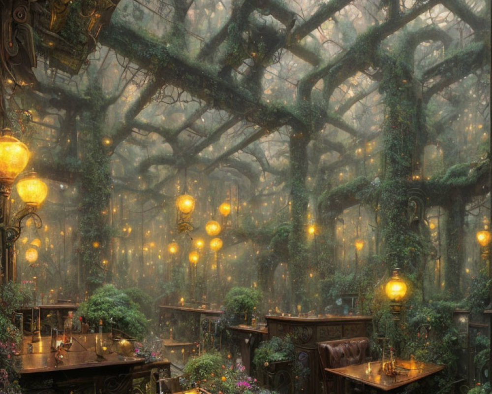 Twinkling lights and lush greenery in enchanted forest cafe