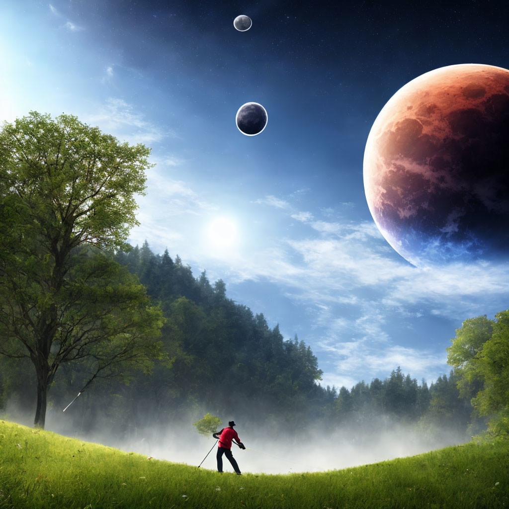 Person walking in misty green meadow under surreal sky with multiple moons and planet