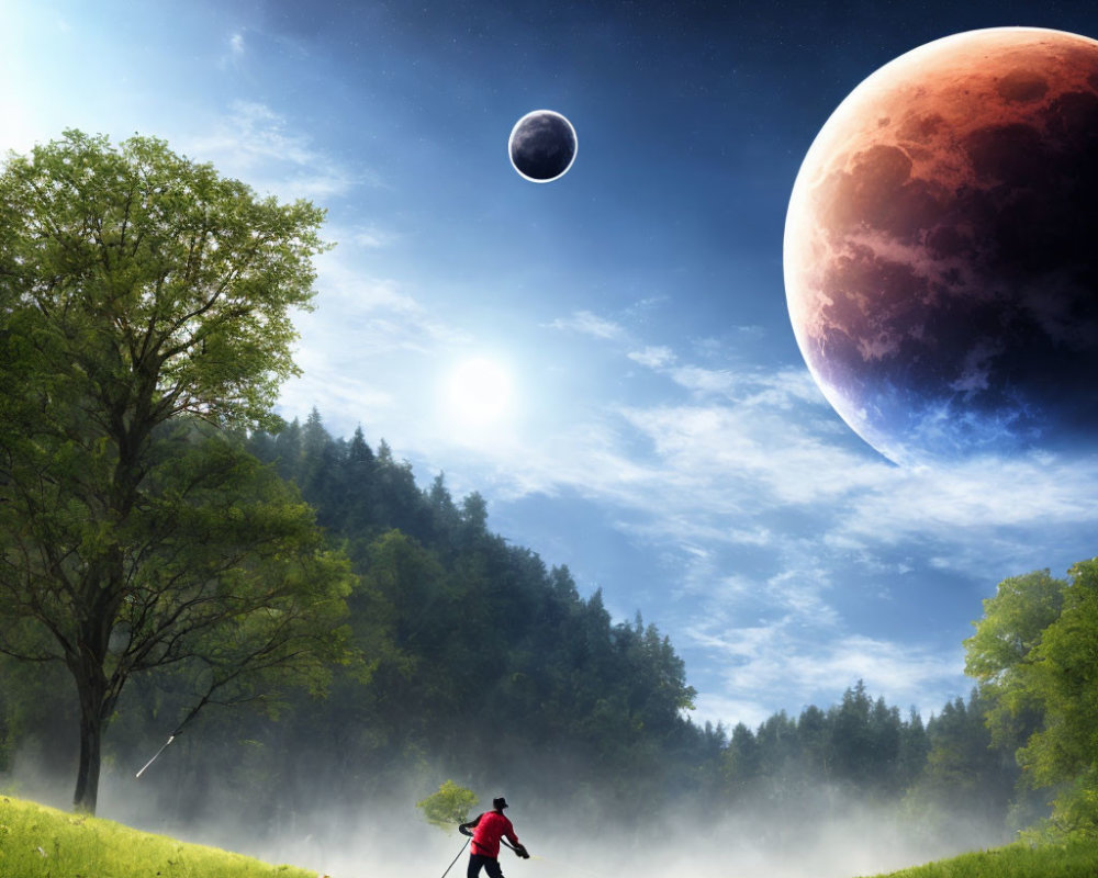 Person walking in misty green meadow under surreal sky with multiple moons and planet