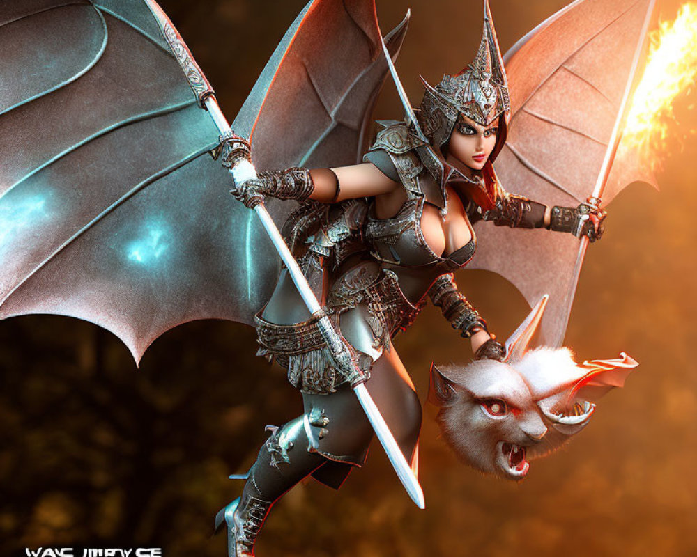 Fantasy warrior woman with dragon wings and fiery sword in elaborate armor