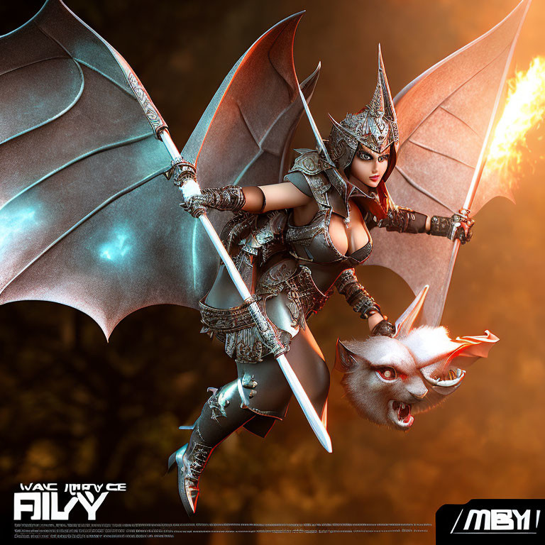 Fantasy warrior woman with dragon wings and fiery sword in elaborate armor