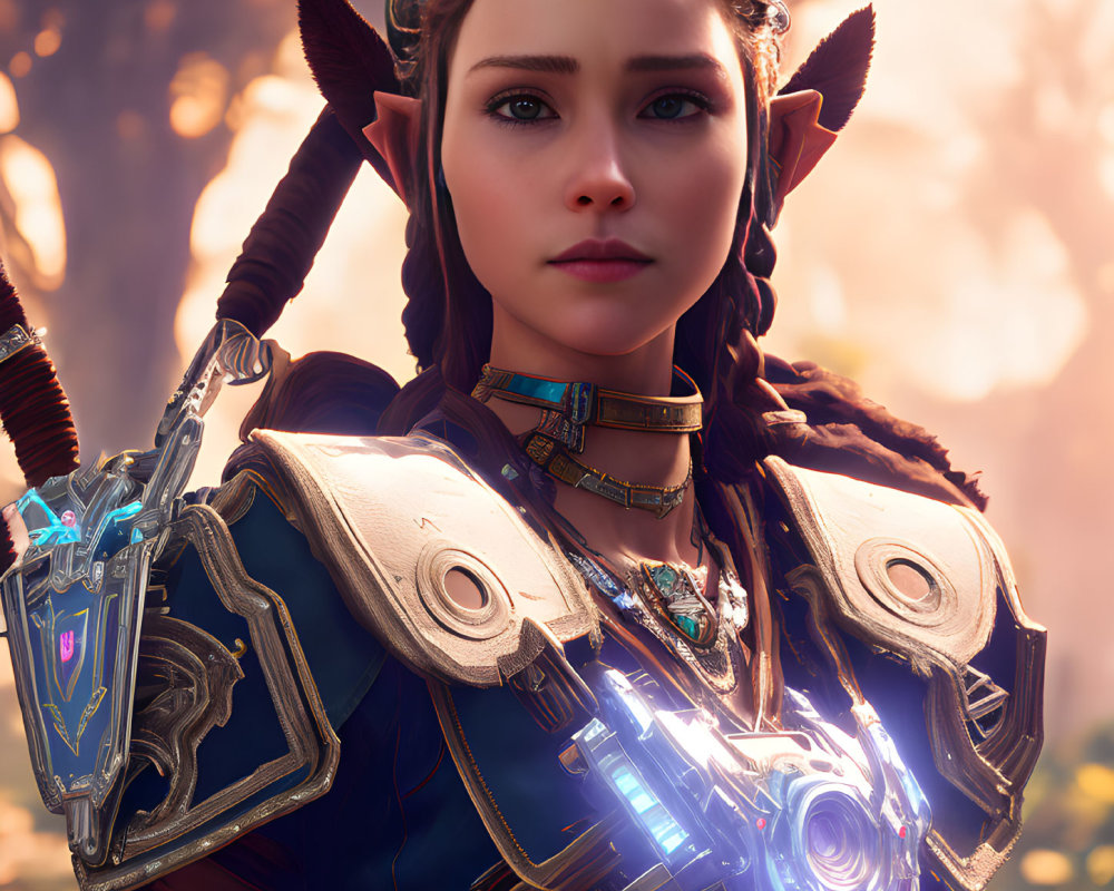 Female elf digital artwork: pointy ears, fair skin, blue eyes, ornate armor with glowing