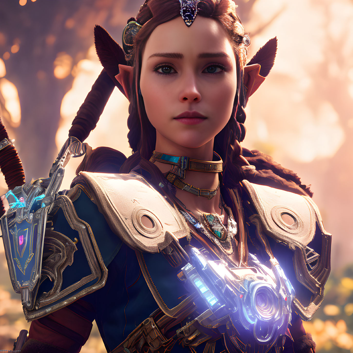 Female elf digital artwork: pointy ears, fair skin, blue eyes, ornate armor with glowing