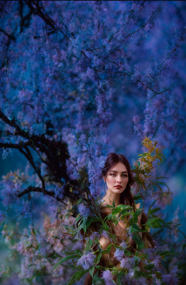 Captivating woman surrounded by purple blossoms at twilight