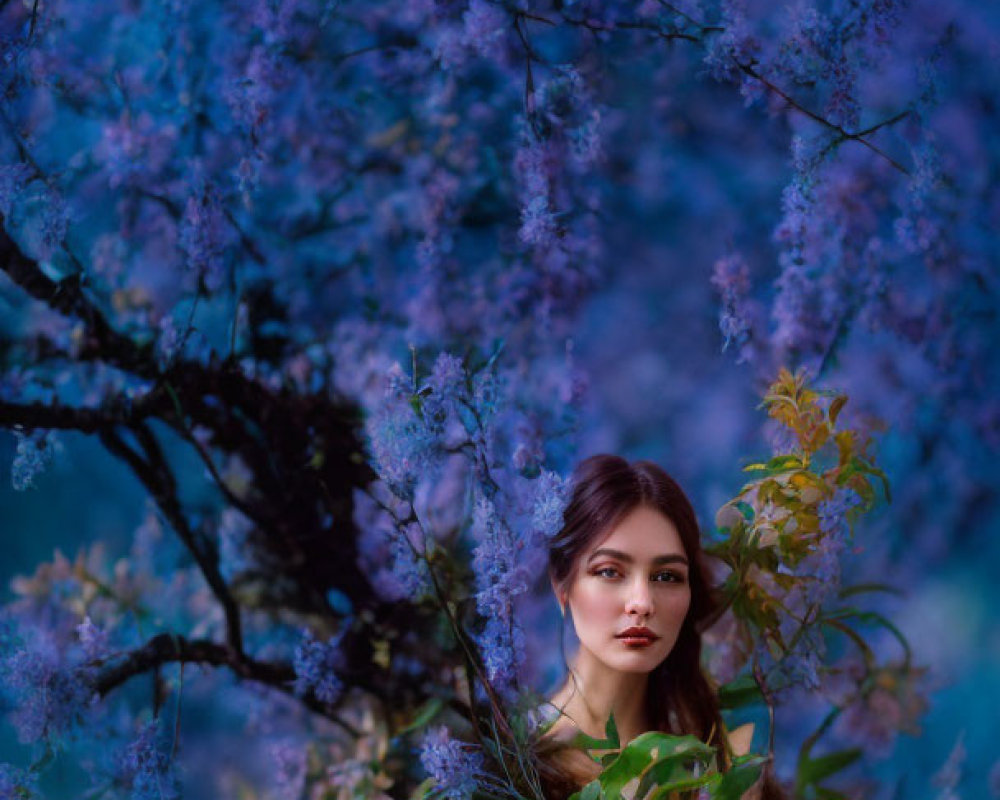 Captivating woman surrounded by purple blossoms at twilight