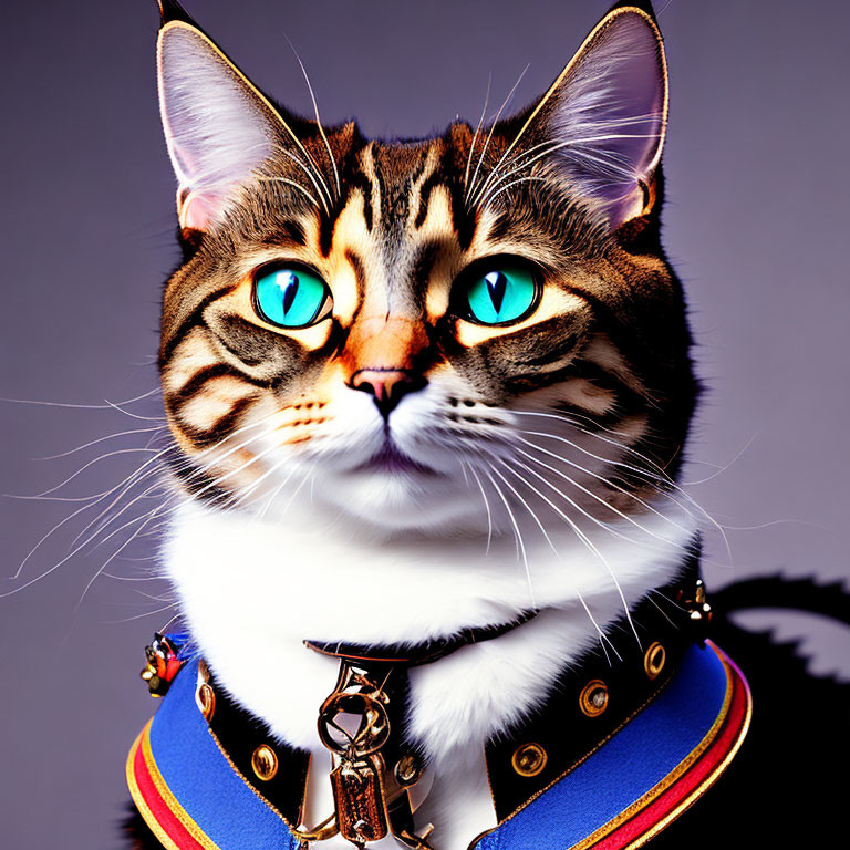 Digitally created cat with blue eyes in military uniform on purple background