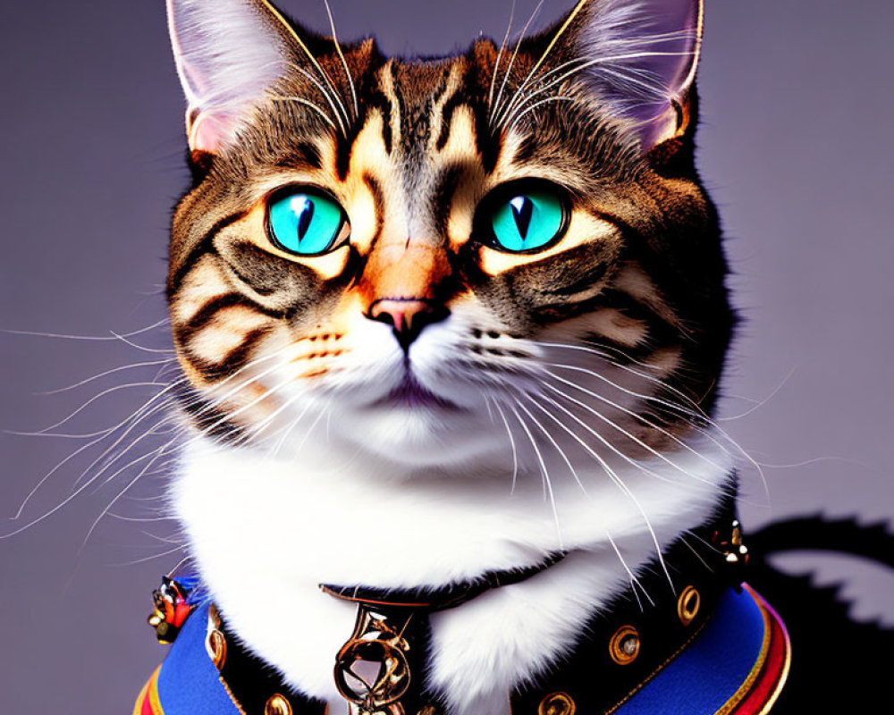 Digitally created cat with blue eyes in military uniform on purple background