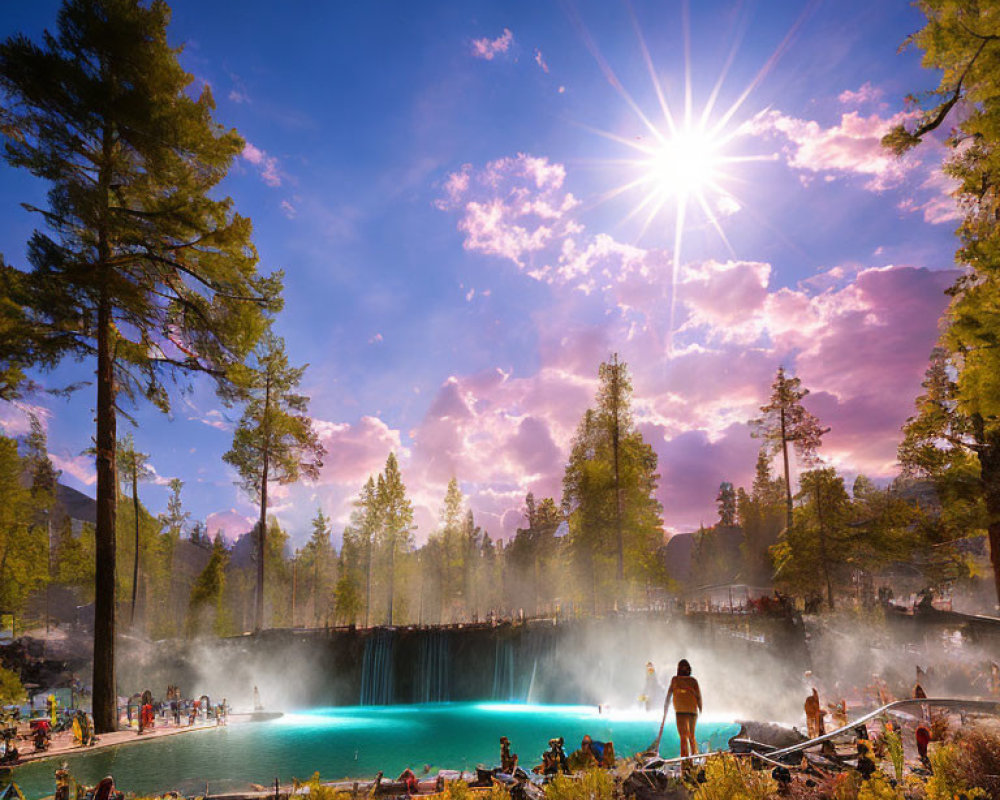 Clear Blue Sky Over Vibrant Turquoise Geothermal Spring with Visitors Viewing Scenery