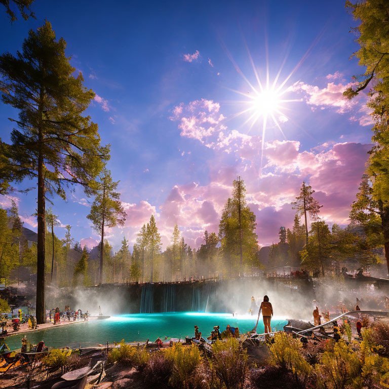 Clear Blue Sky Over Vibrant Turquoise Geothermal Spring with Visitors Viewing Scenery