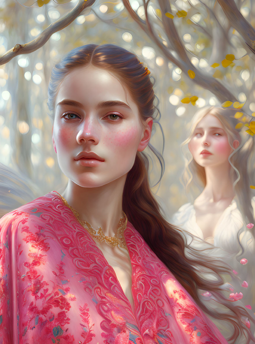 Digital artwork featuring two women in dreamy forest setting