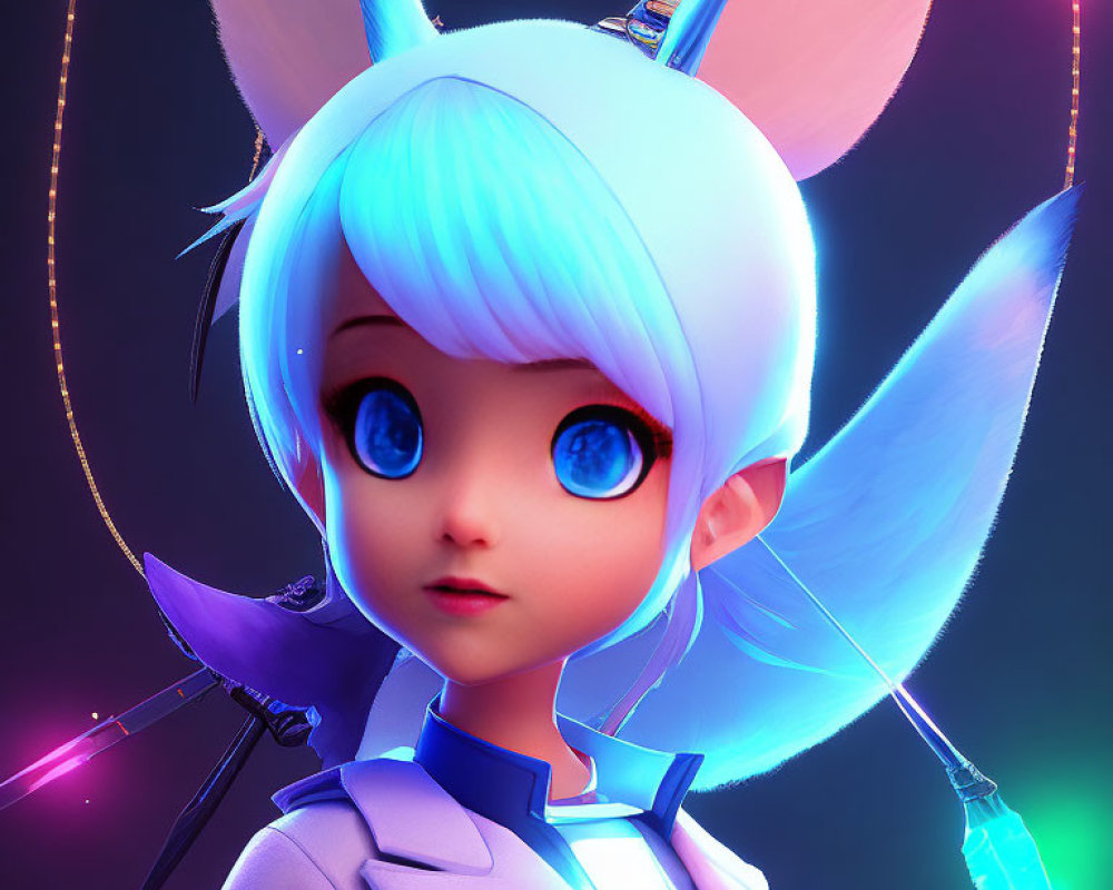 Character with Blue Eyes, White Hair, and Fox-Like Ears in Futuristic Anime Style