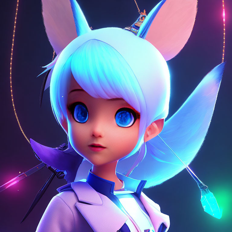 Character with Blue Eyes, White Hair, and Fox-Like Ears in Futuristic Anime Style