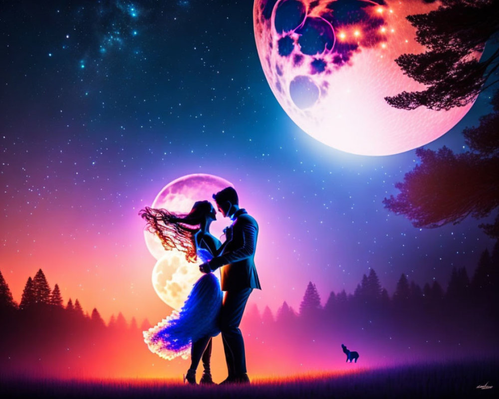 Romantic couple under starry sky with fantastical moons and silhouettes of trees.