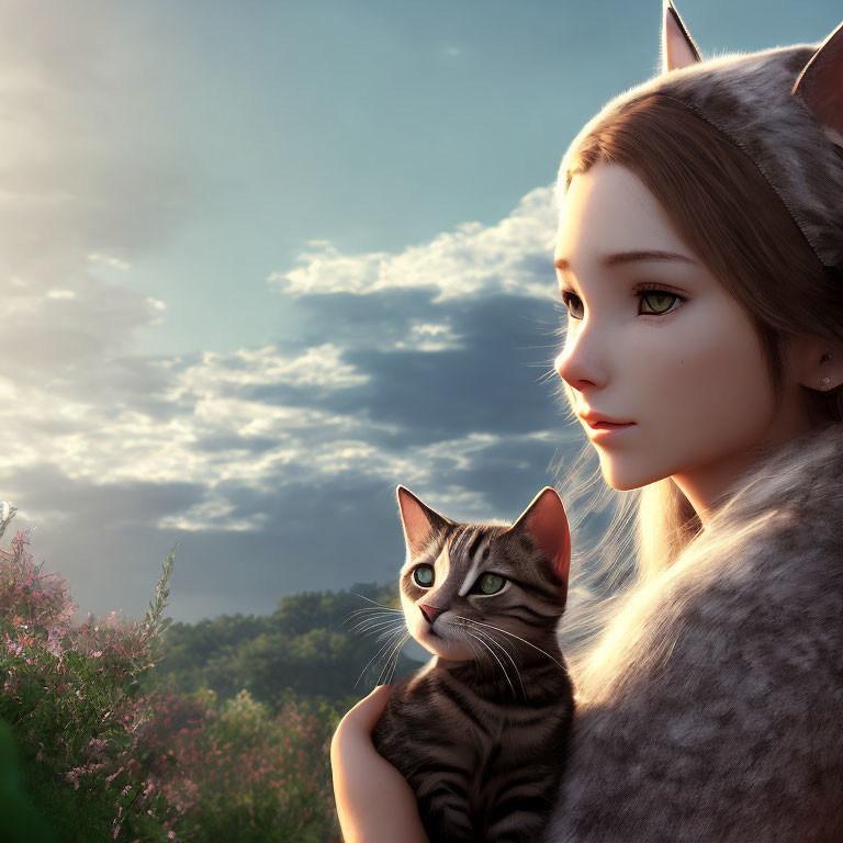 Digital artwork of girl with cat ears holding tabby cat in serene sunset scene